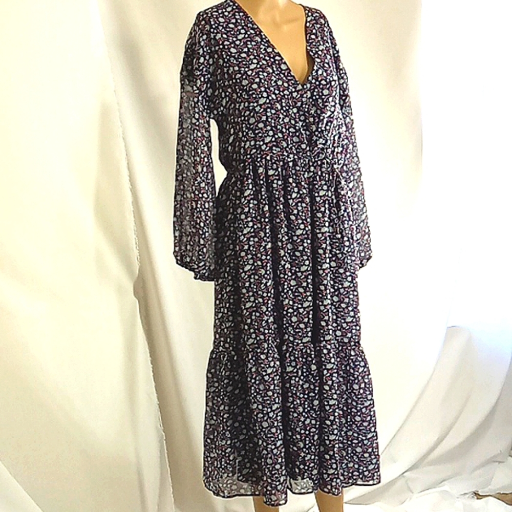 Madewell Floral Long Sleeve Dress - Navy and White